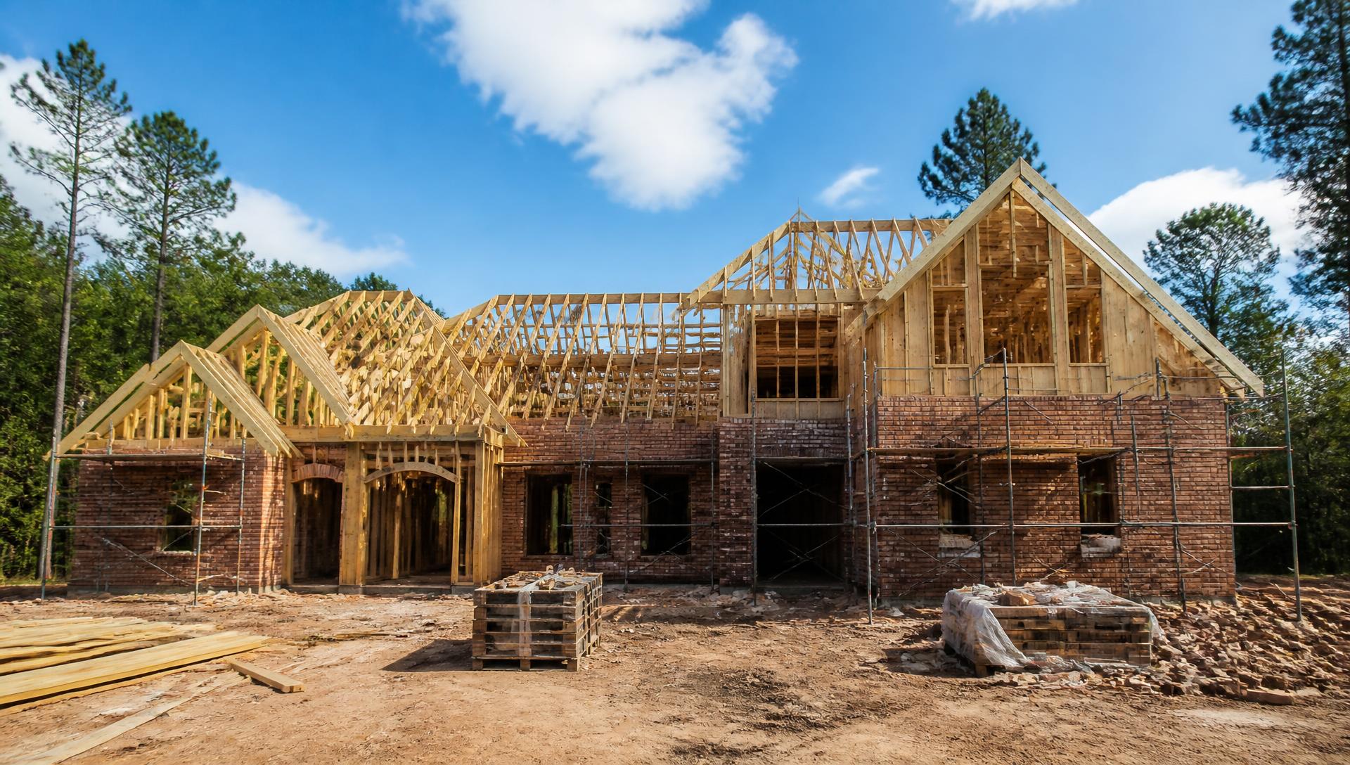 Custom home under construction with timber framing and new brick veneer in Charlotte