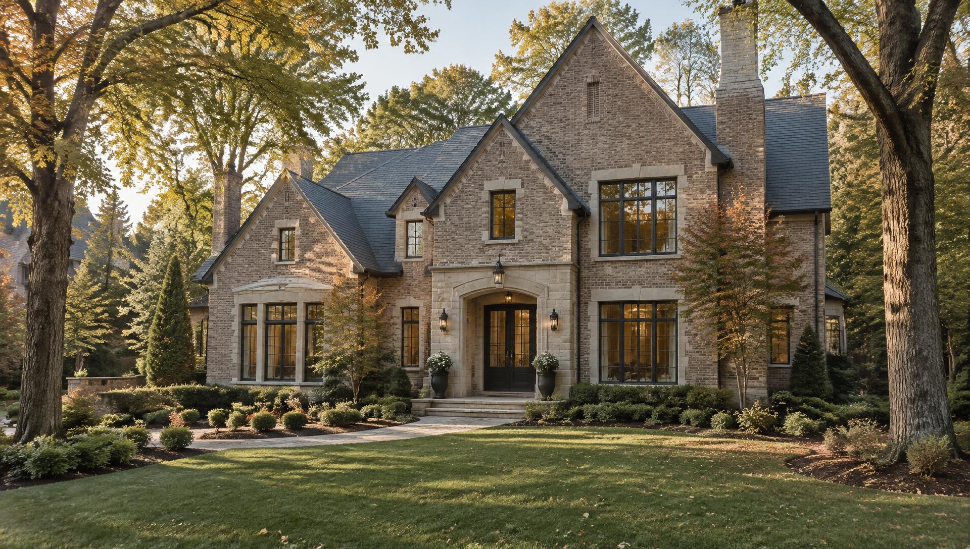 Custom brick home beneath a mature tree canopy in south Charlotte